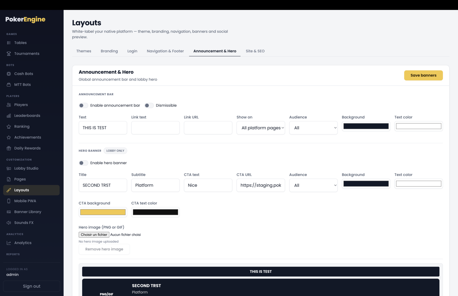 The Announcement & Hero tab — an announcement bar editor and a hero banner editor above a combined live preview of both blocks