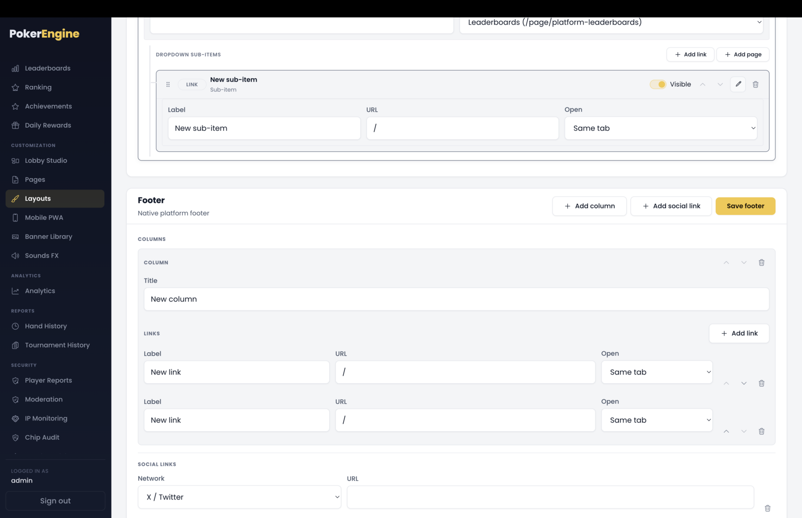 The footer builder — titled link columns, a list of social-network links, and a copyright field with siteName and year placeholders