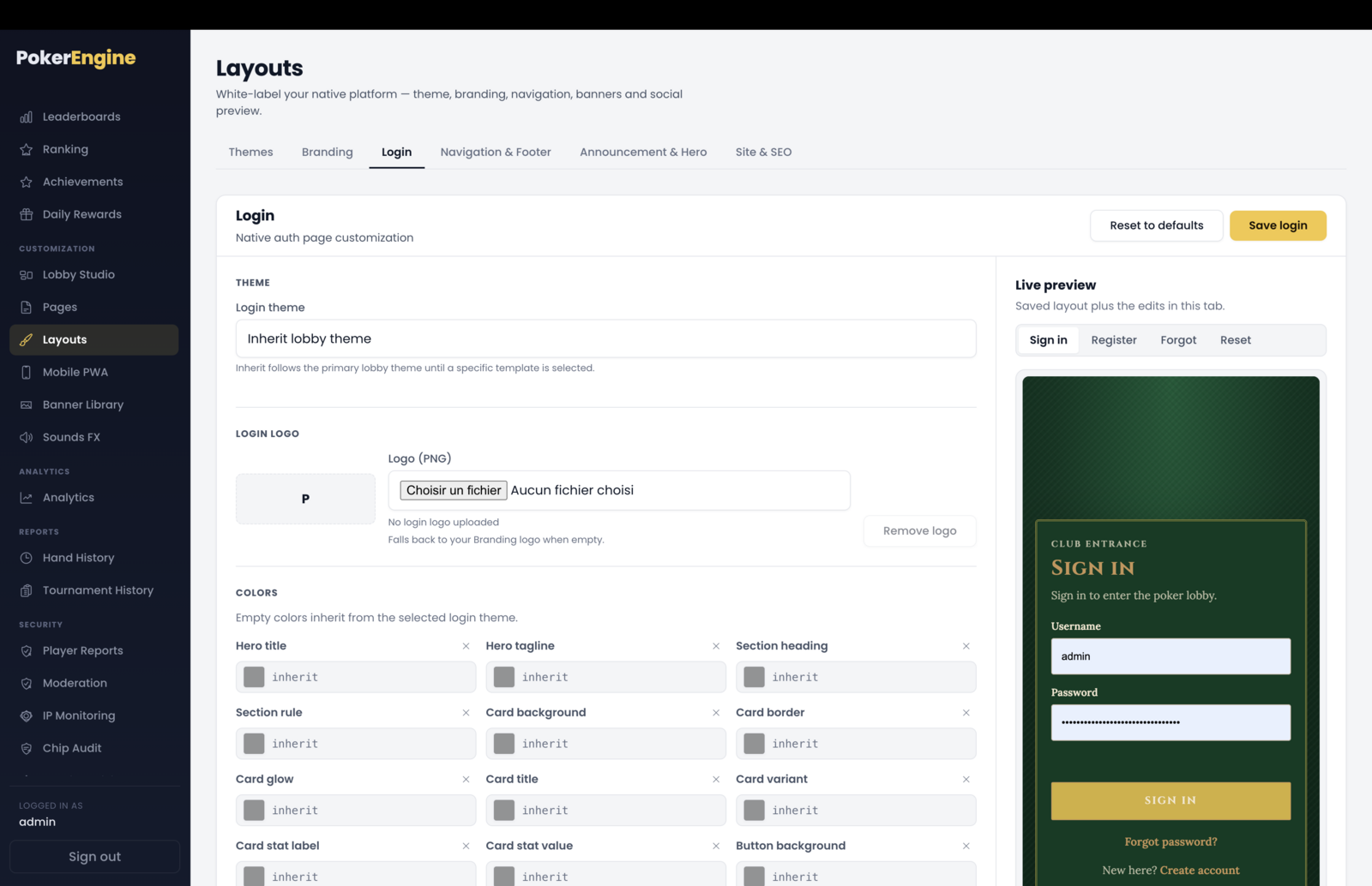 The Login tab — an editor for theme, logo, per-element colors, show/hide toggles and all page text, beside a live preview of the sign-in page