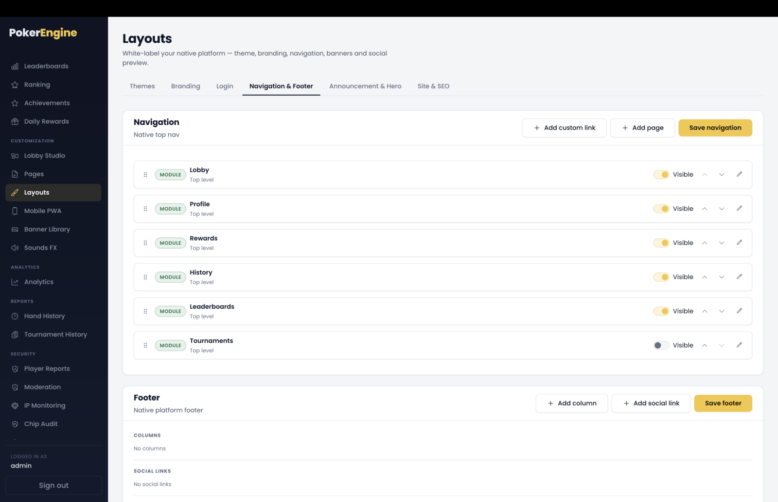 The navigation builder — a list of nav items badged Module, Page or Link, each with a Visible toggle, reorder and edit controls, plus Add page and Add custom link buttons