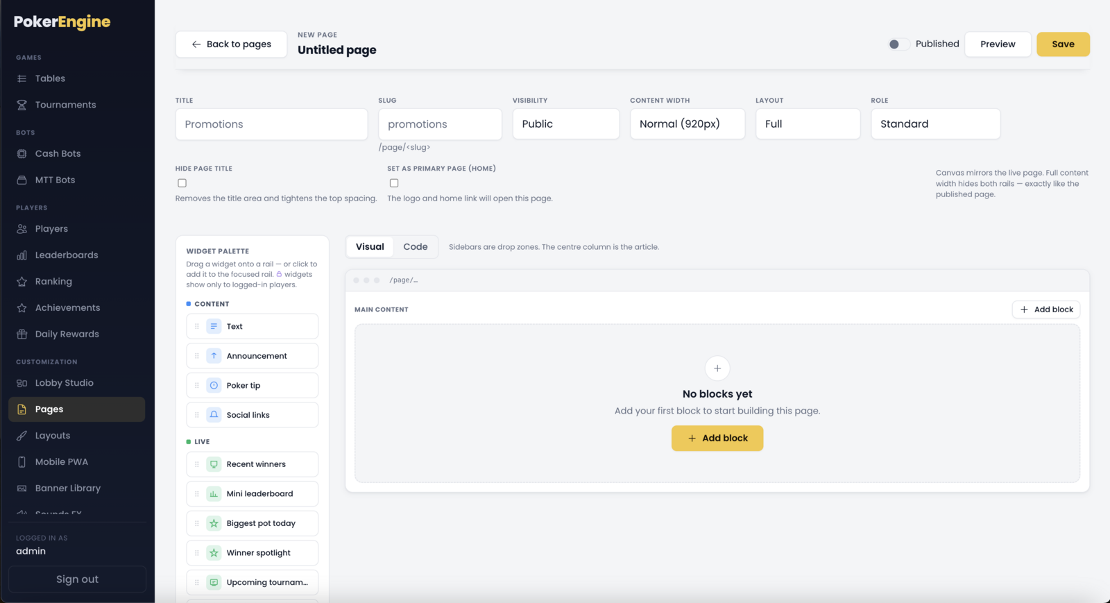 The page editor — the settings strip (title, slug, visibility, content width, layout, hide title, home) above the two-pane visual builder