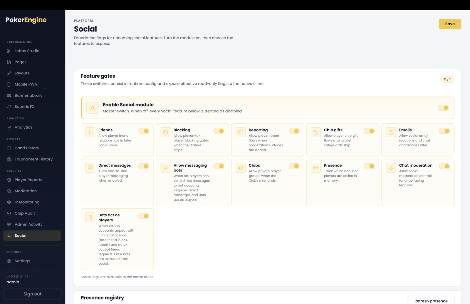The Social section — the Enable Social module master switch above a grid of feature toggles (Friends, Blocking, Reporting, Chip gifts, Emojis, Direct messages, Allow messaging bots, Clubs, Presence, Chat moderation, Bots act as players), each with an icon and short description, plus an active-feature counter