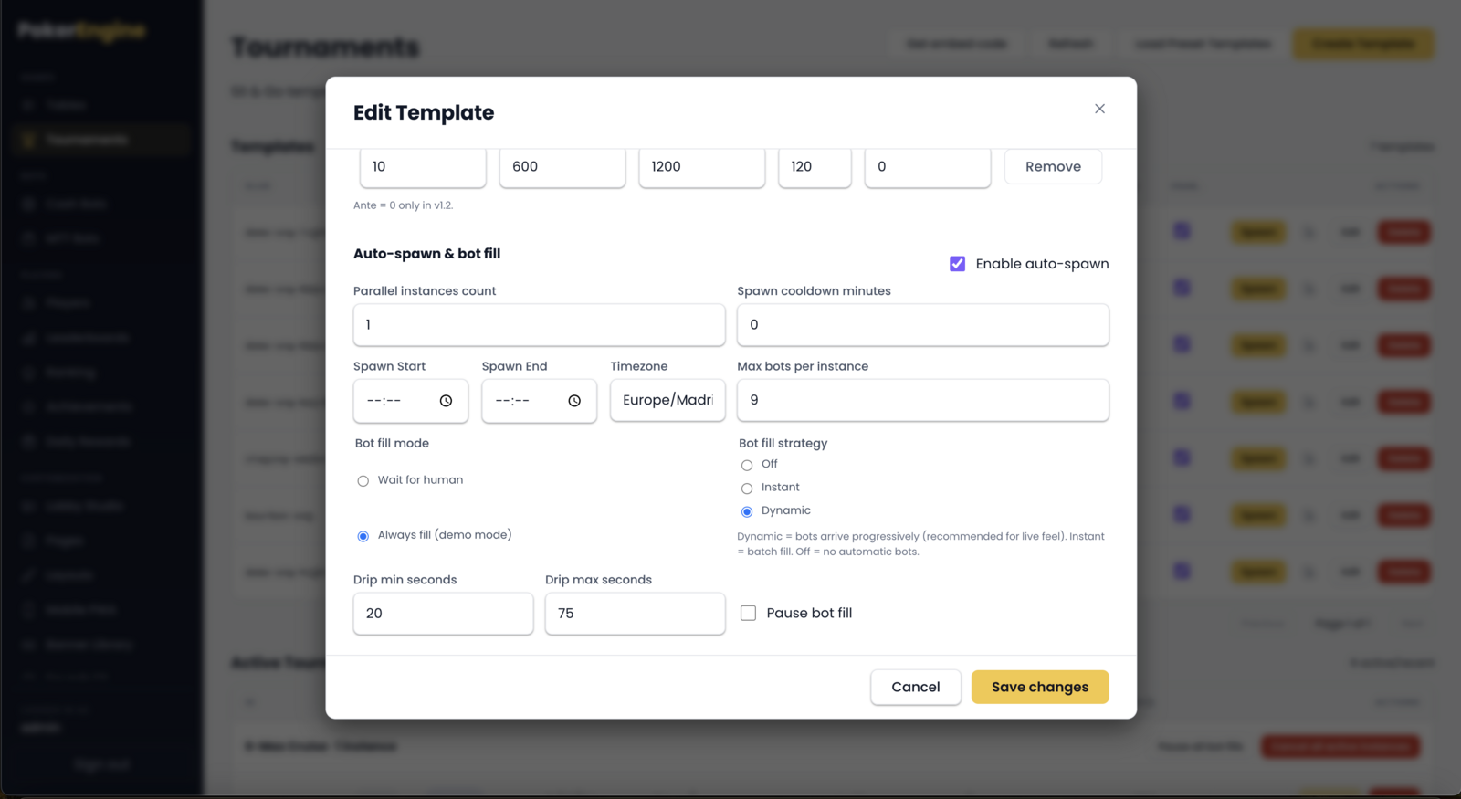 The auto-spawn and bot-fill settings with fill mode, fill strategy, drip timing and parallel instances