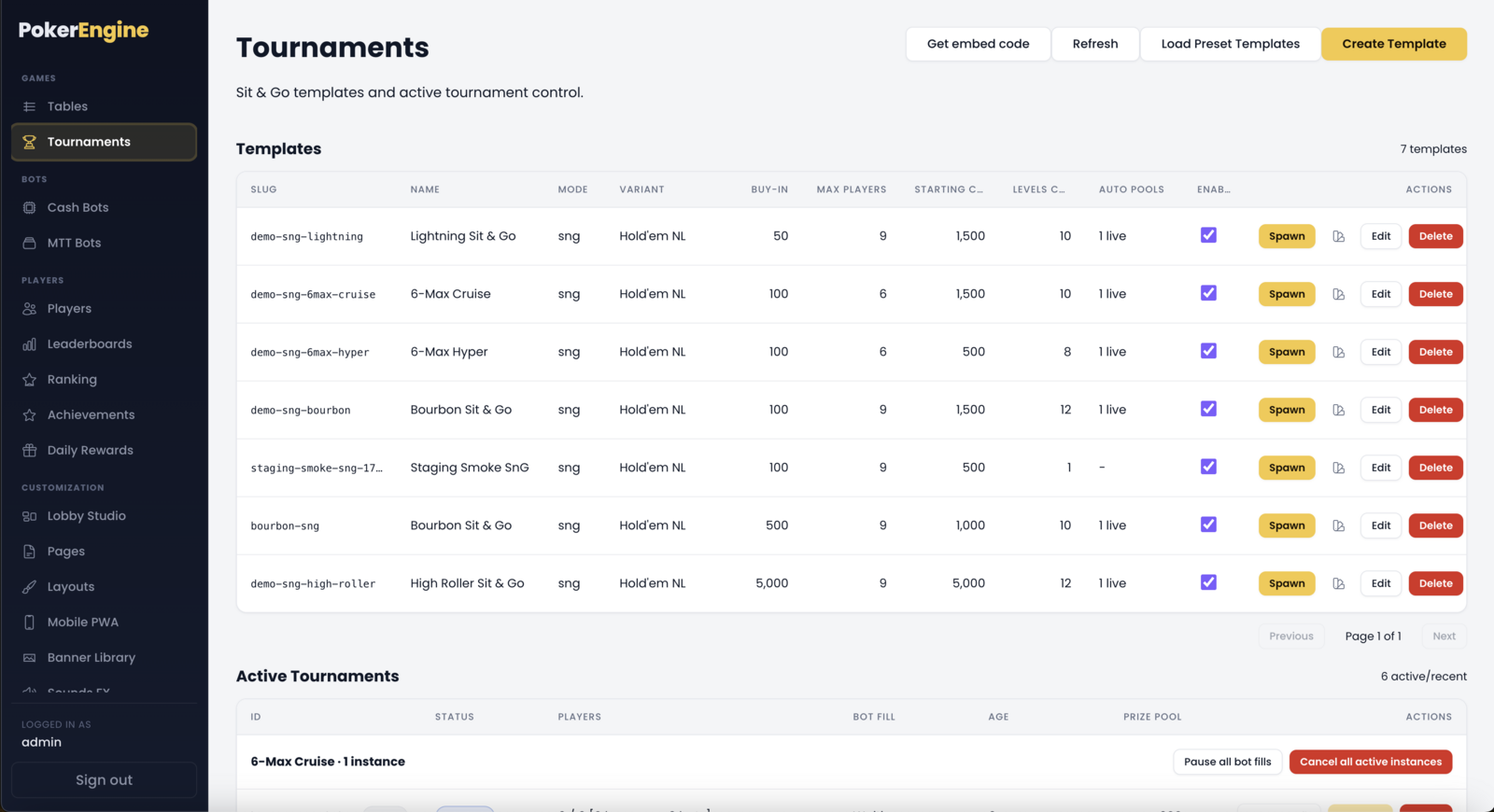 The Tournaments section showing the Templates list and the Active Instances list for a format