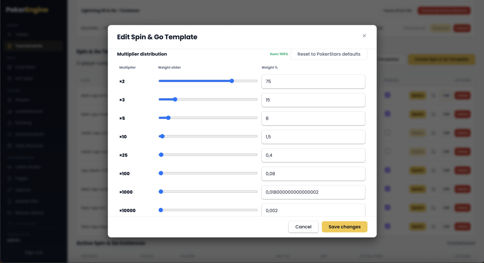 The Spin and Go multiplier distribution editor with weights per tier totalling 100 percent