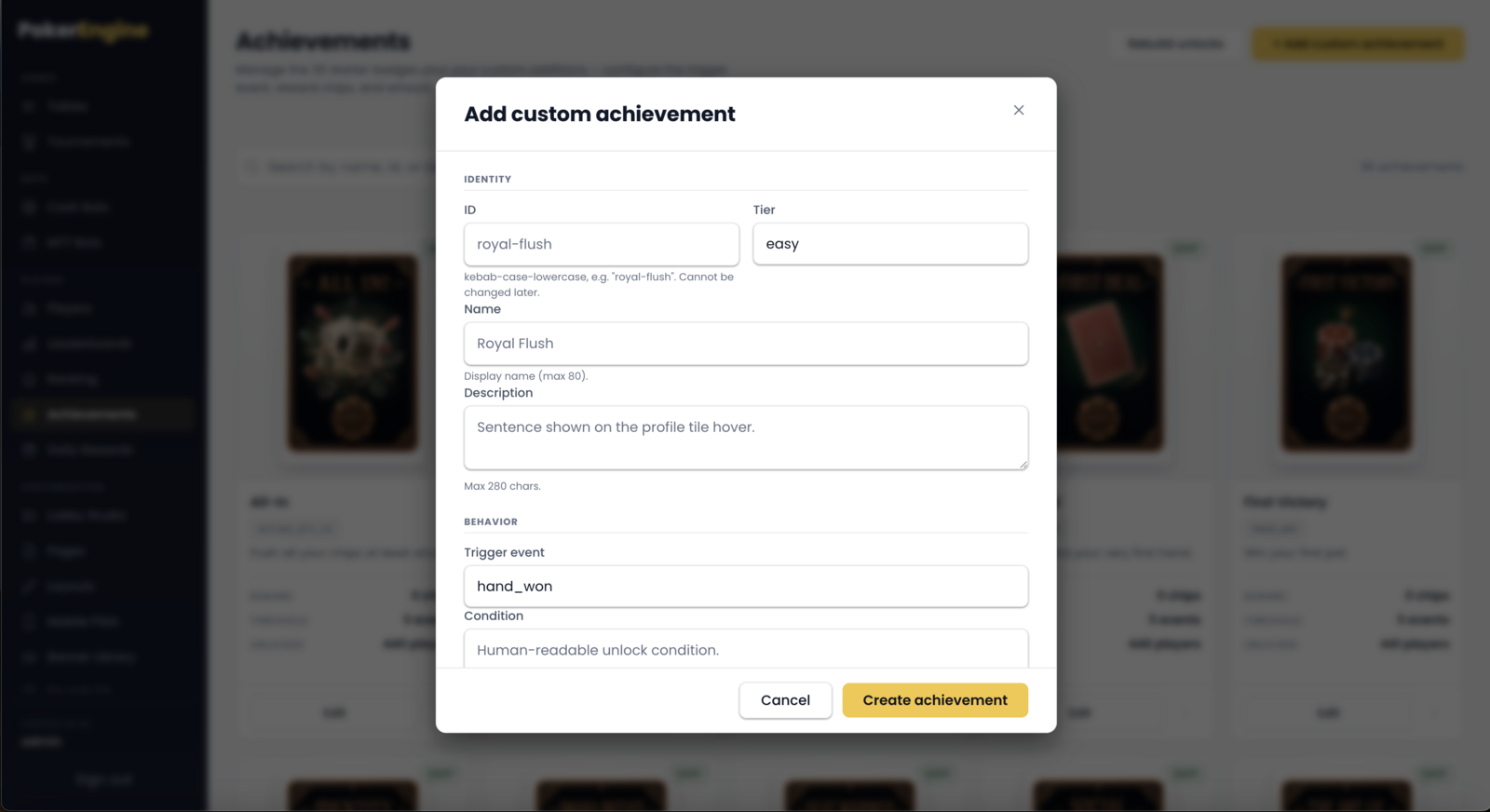 The Add custom achievement dialog with ID, Name, Description, Tier, Trigger event, Unlock threshold and Reward chips fields