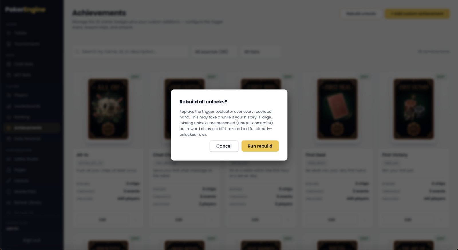 The Rebuild all unlocks confirmation dialog explaining that it replays recorded hands and never double-awards a badge