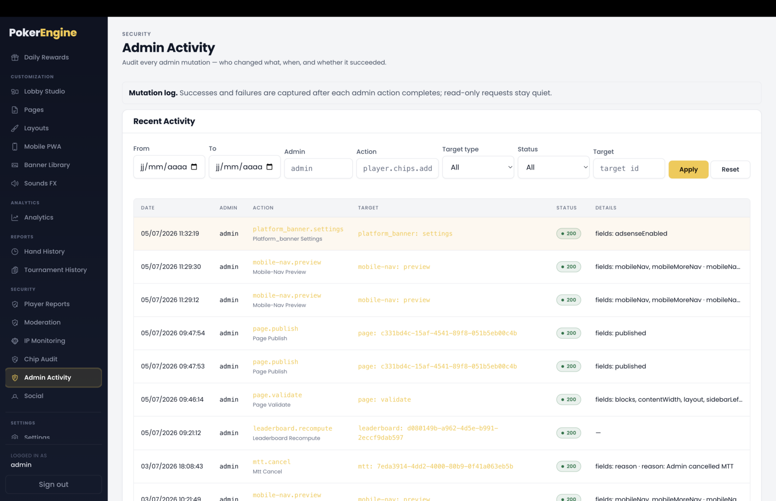 Admin activity log