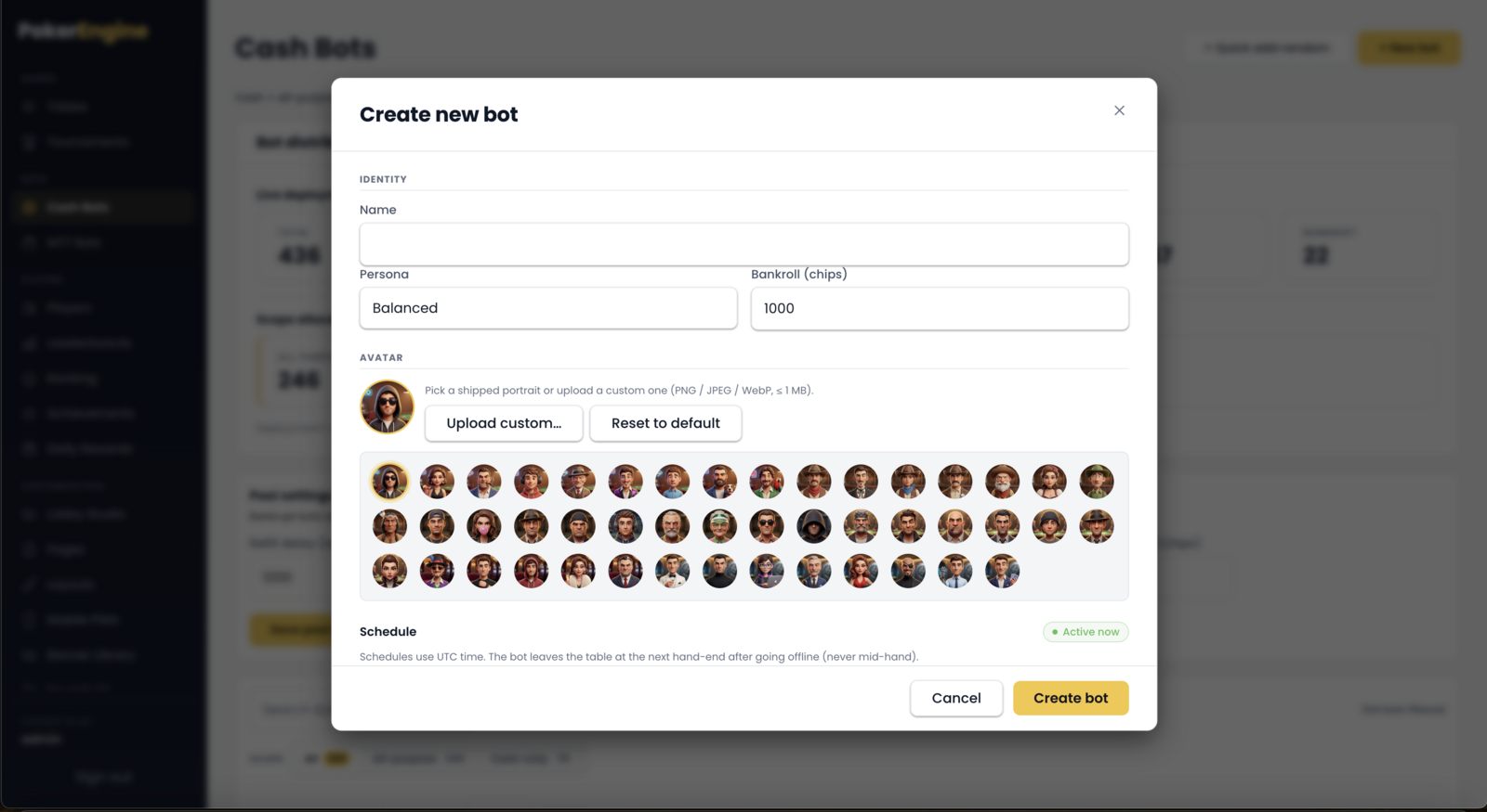 The create/edit bot dialog with identity fields, the avatar picker and the schedule editor
