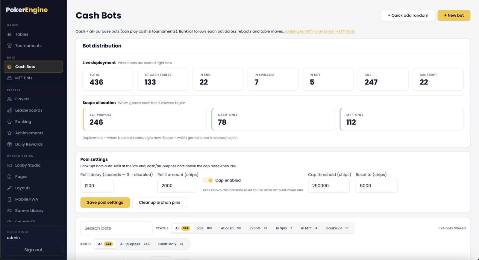 The Cash Bots page showing the bot distribution stats, pool settings and the filters toolbar