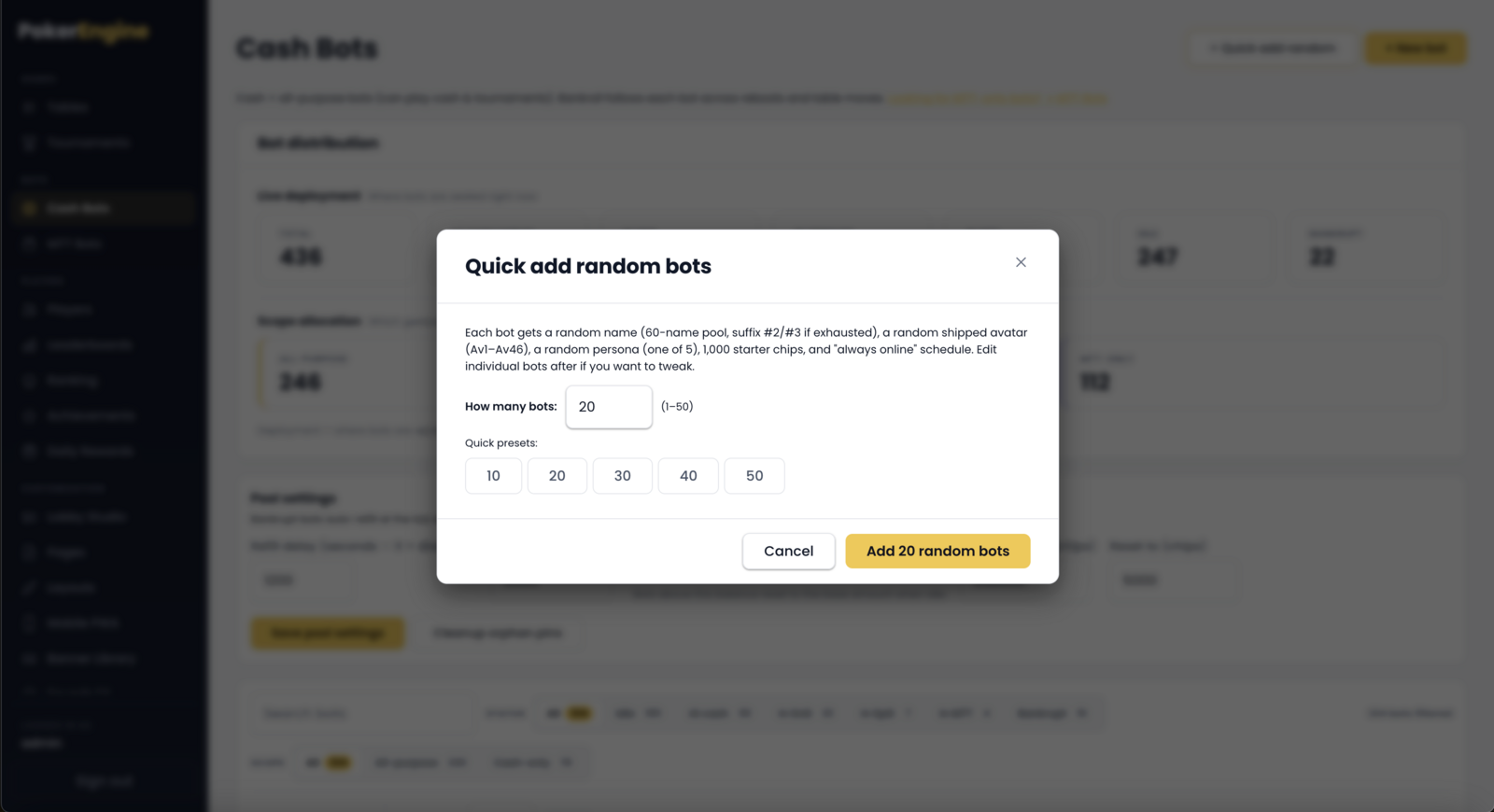 The Quick add random bots dialog with a count field and quick preset buttons