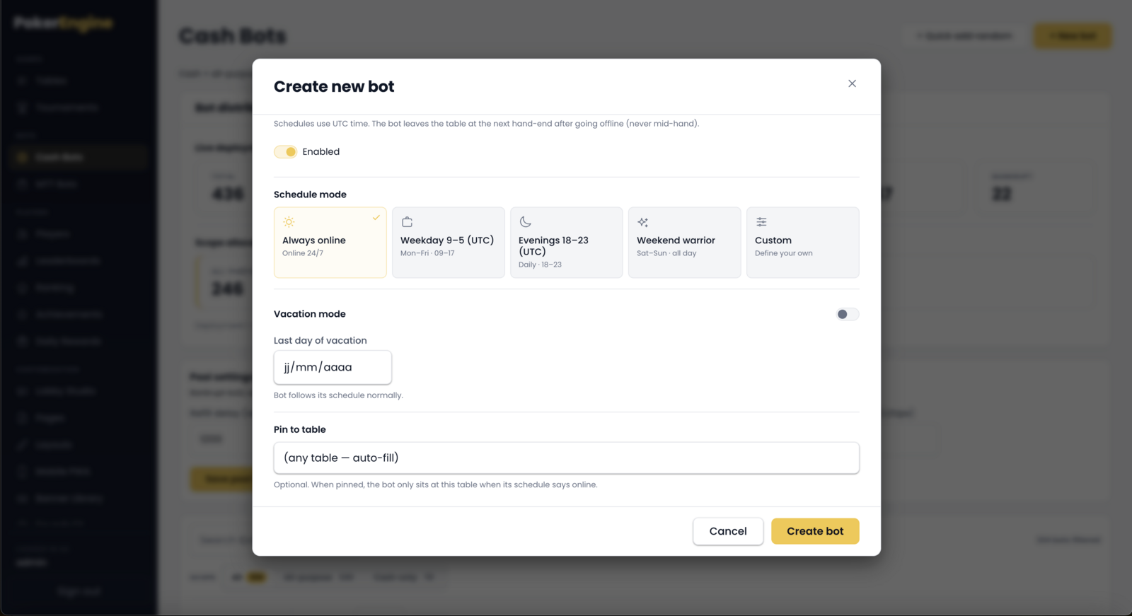 The schedule editor with preset cards, a custom weekly pattern with persona generators, and vacation mode