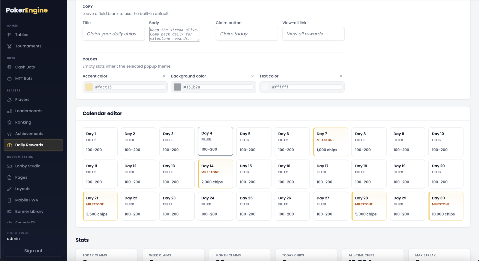 The 30-day reward calendar editor, one cell per day, with milestone days marked; a day-editor dialog switches a cell between Normal and Milestone