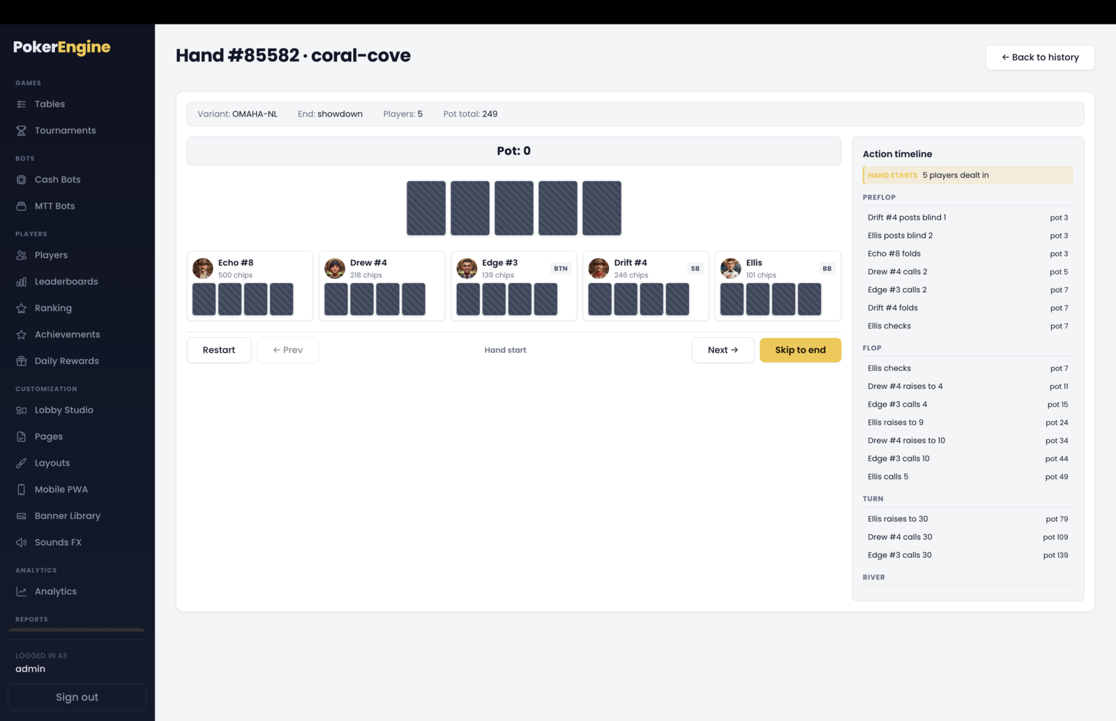 The step-by-step replay — a poker board and player seats on the left with Restart, Prev, Next and Skip-to-end controls, and the action timeline on the right listing every move with the running pot