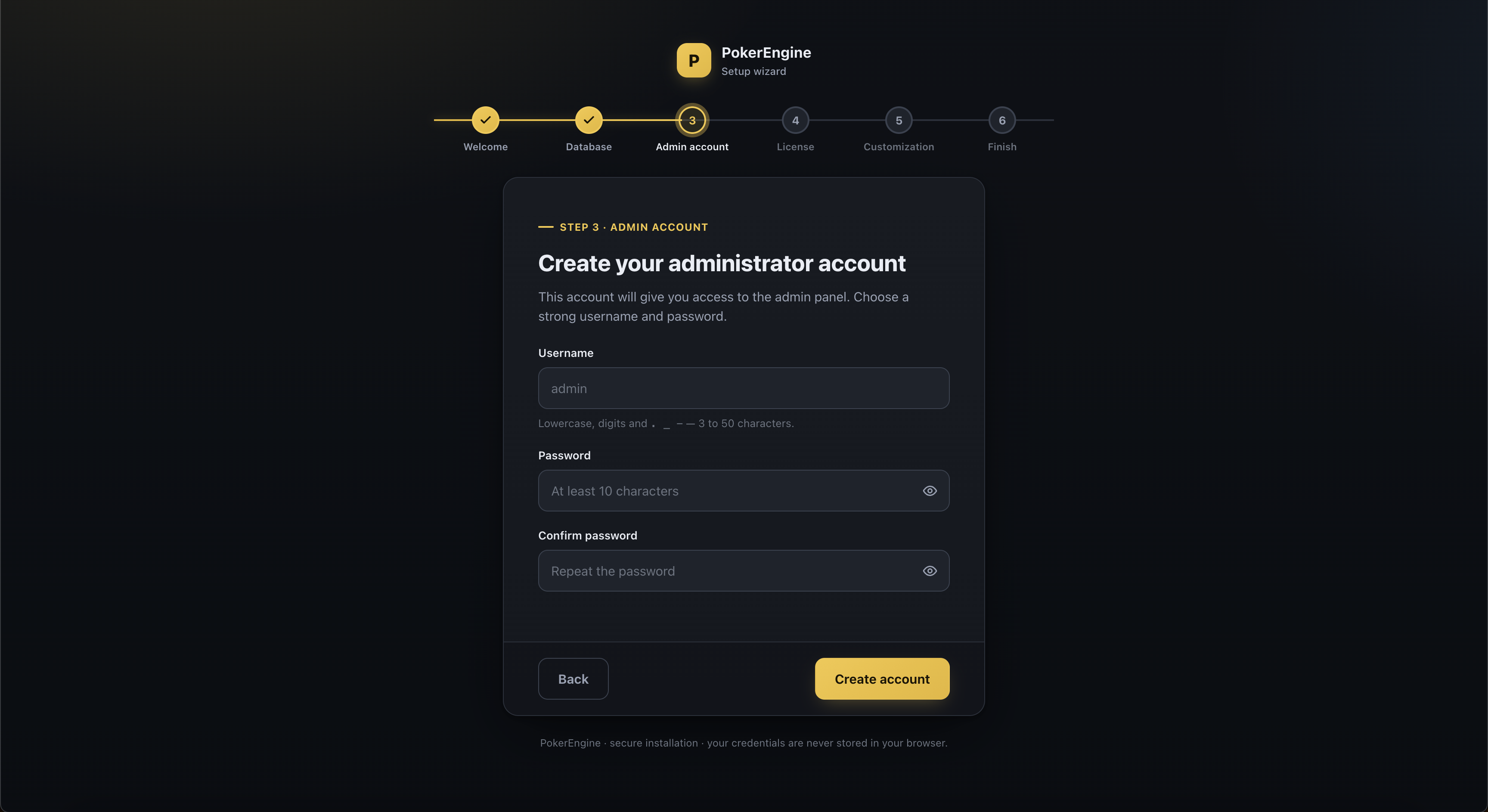 Installer Wizard step 3 — the Create your administrator account form with username, password and confirm-password fields
