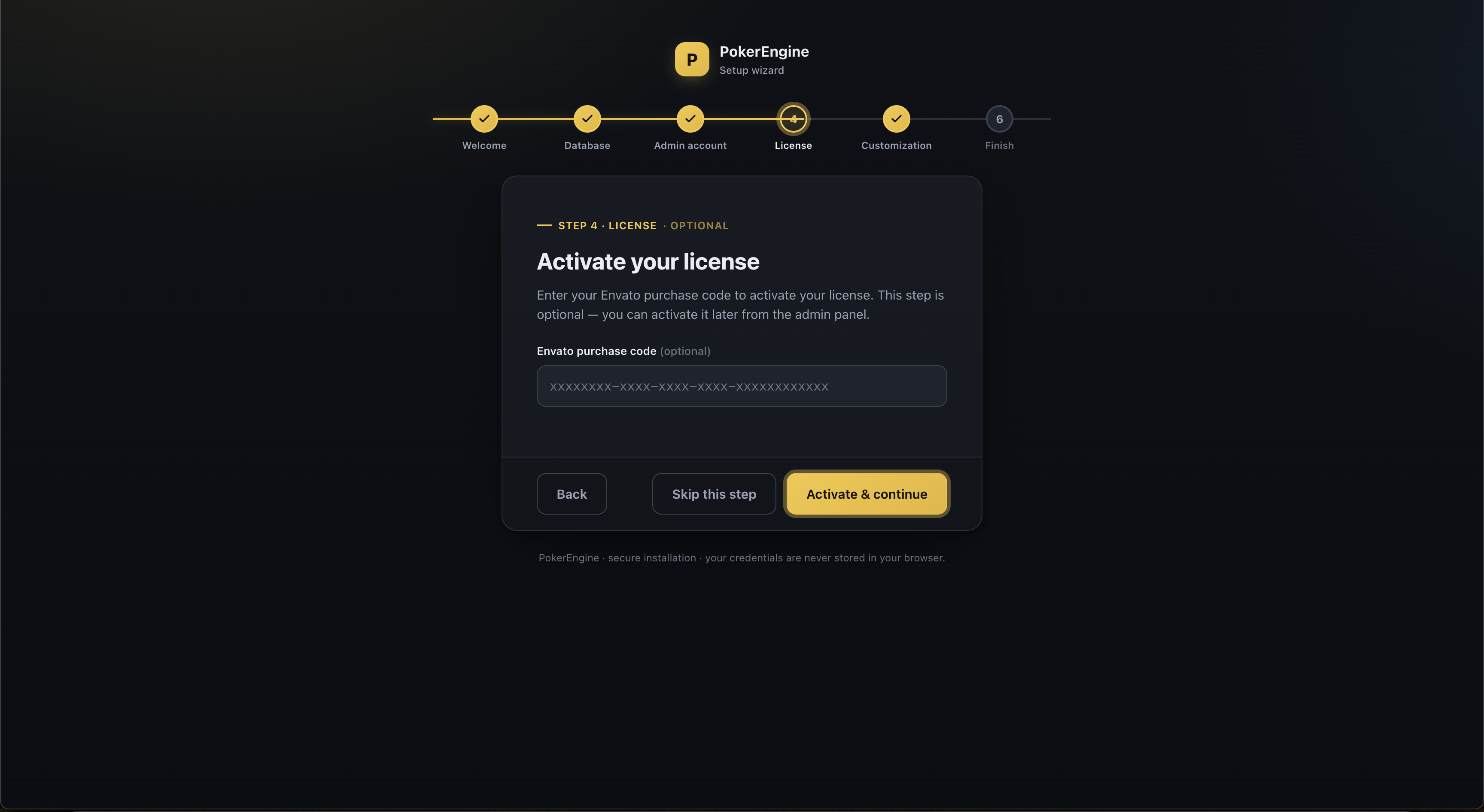 Installer Wizard step 4 — the optional Activate your license screen with an Envato purchase-code field and a Skip this step button
