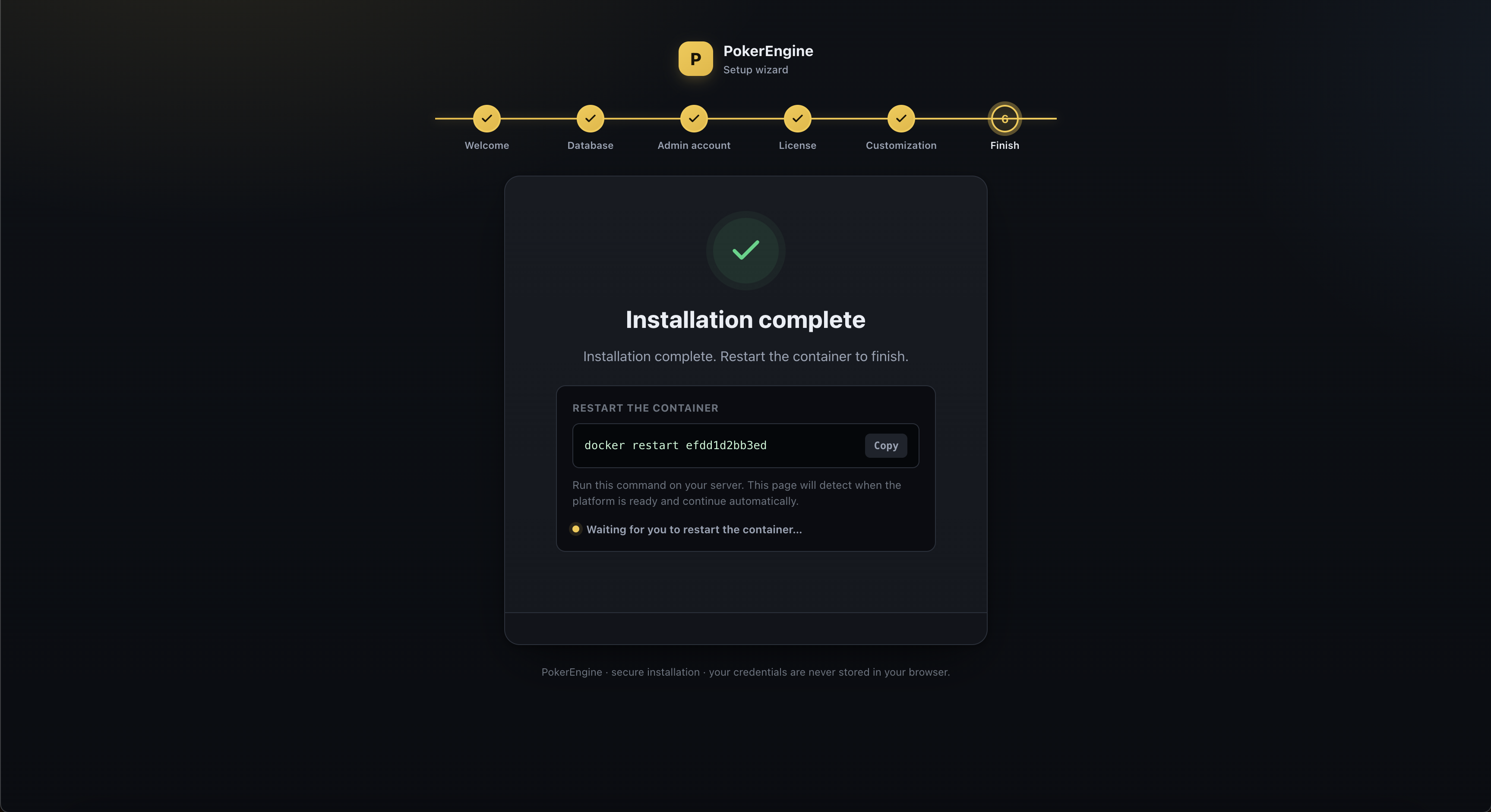 Installer Wizard completion screen — 'Installation complete' with a ready-to-copy 'docker restart container-id' command and a 'Waiting for you to restart the container' status