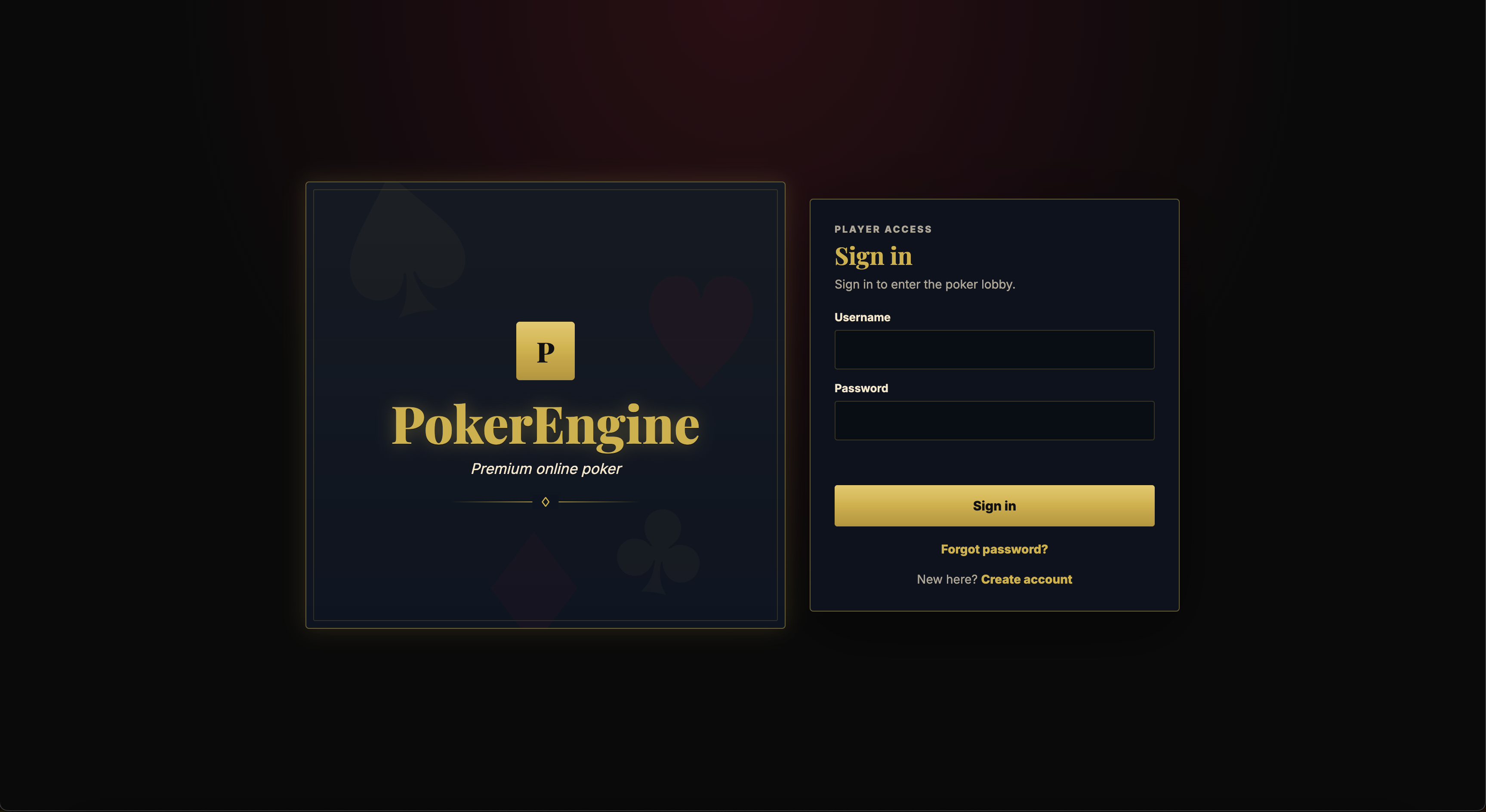 The branded player Sign in page — a PokerEngine hero panel beside a Sign in form with username, password, forgot-password and create-account links