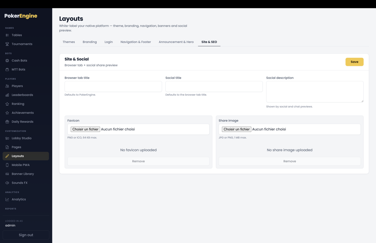 The Site & SEO tab — fields for the browser tab title, social title and description, plus favicon and share-image uploads with previews