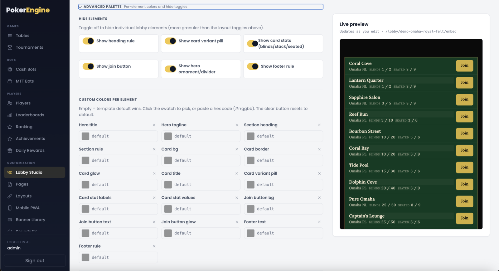 The Advanced palette panel — hide-element toggles and a grid of sixteen per-element color slots, each with a swatch, hex field and clear button