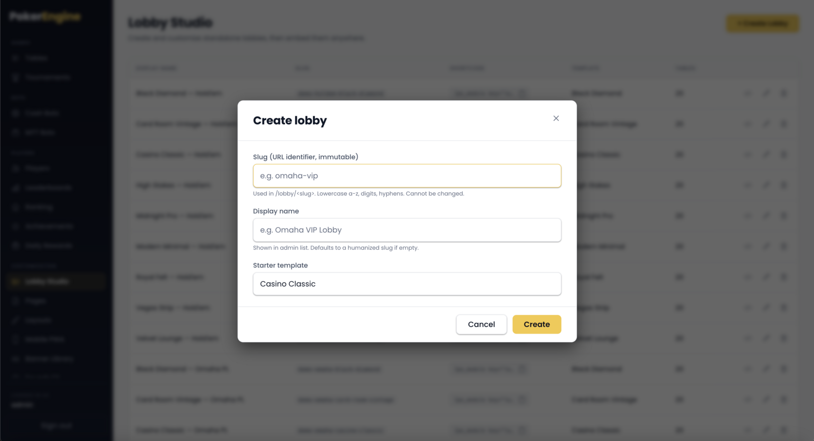 The Create lobby dialog with a Slug (URL identifier, immutable) field, a Display name field, and a Starter template selector