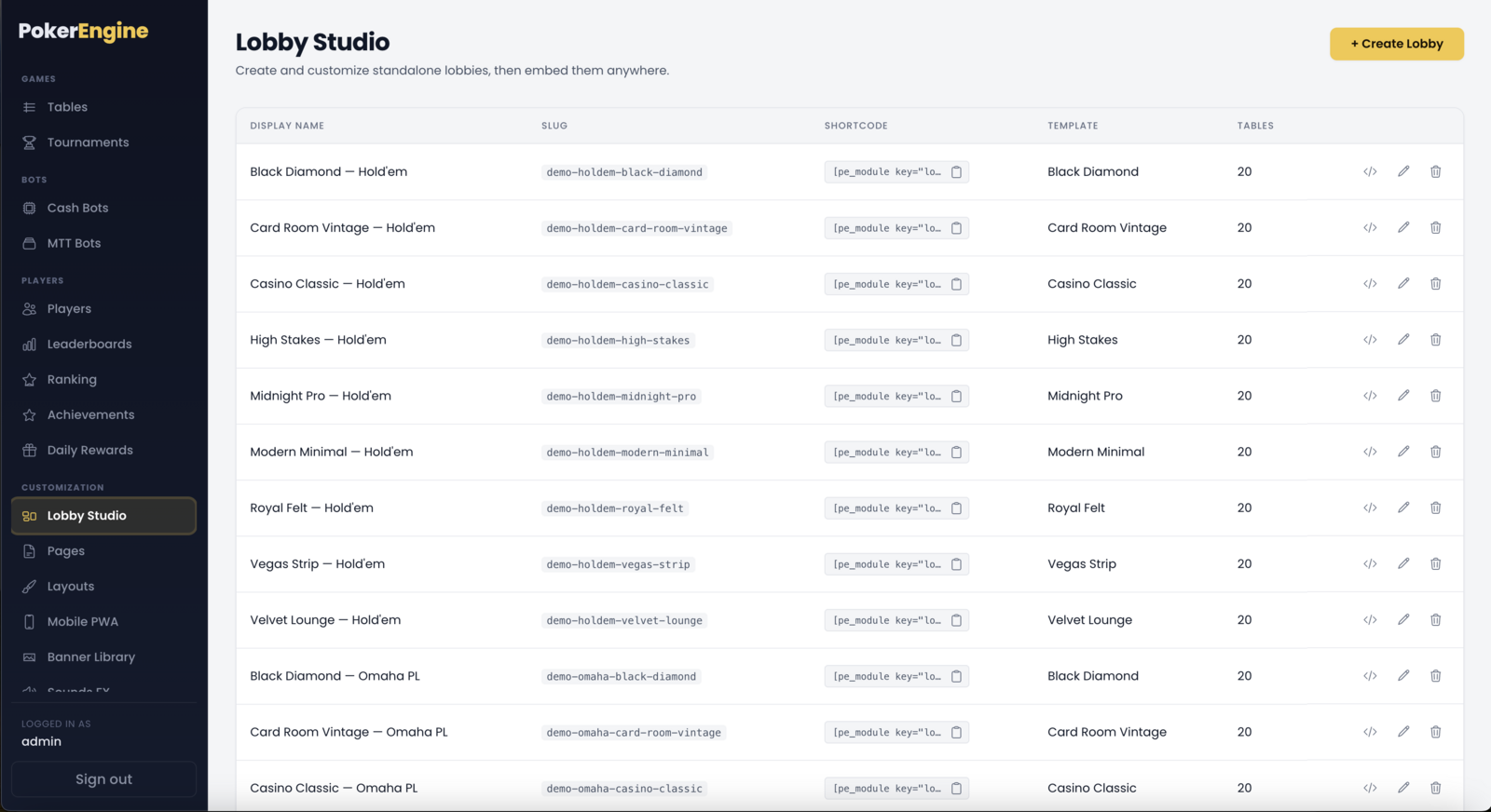 The Lobby Studio list — one row per lobby with display name, slug, shortcode, template and table count, plus Embed / Edit / Delete actions and a Create Lobby button