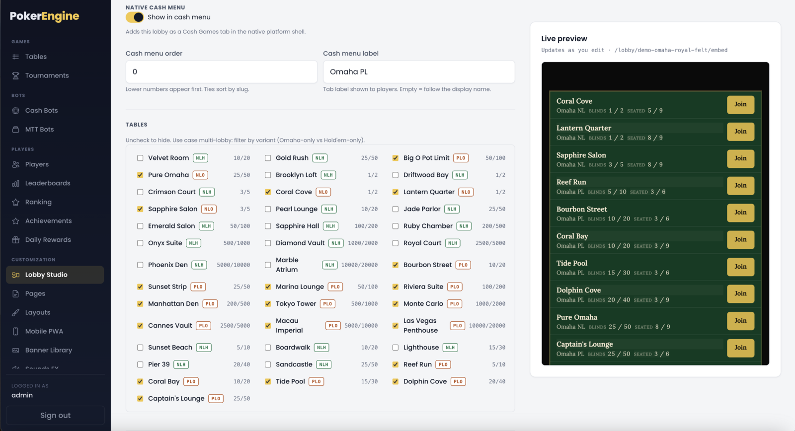 The Which tables to show list — a checkbox per table with its variant badge (NLH/PLO) and blinds; unchecking curates the lobby