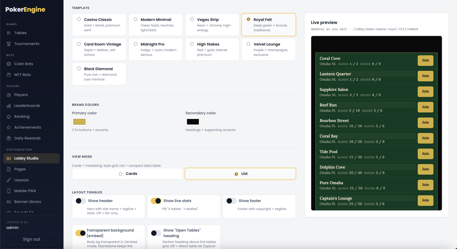 The lobby editor showing the nine-template picker, the primary/secondary brand color pickers, and the layout toggles