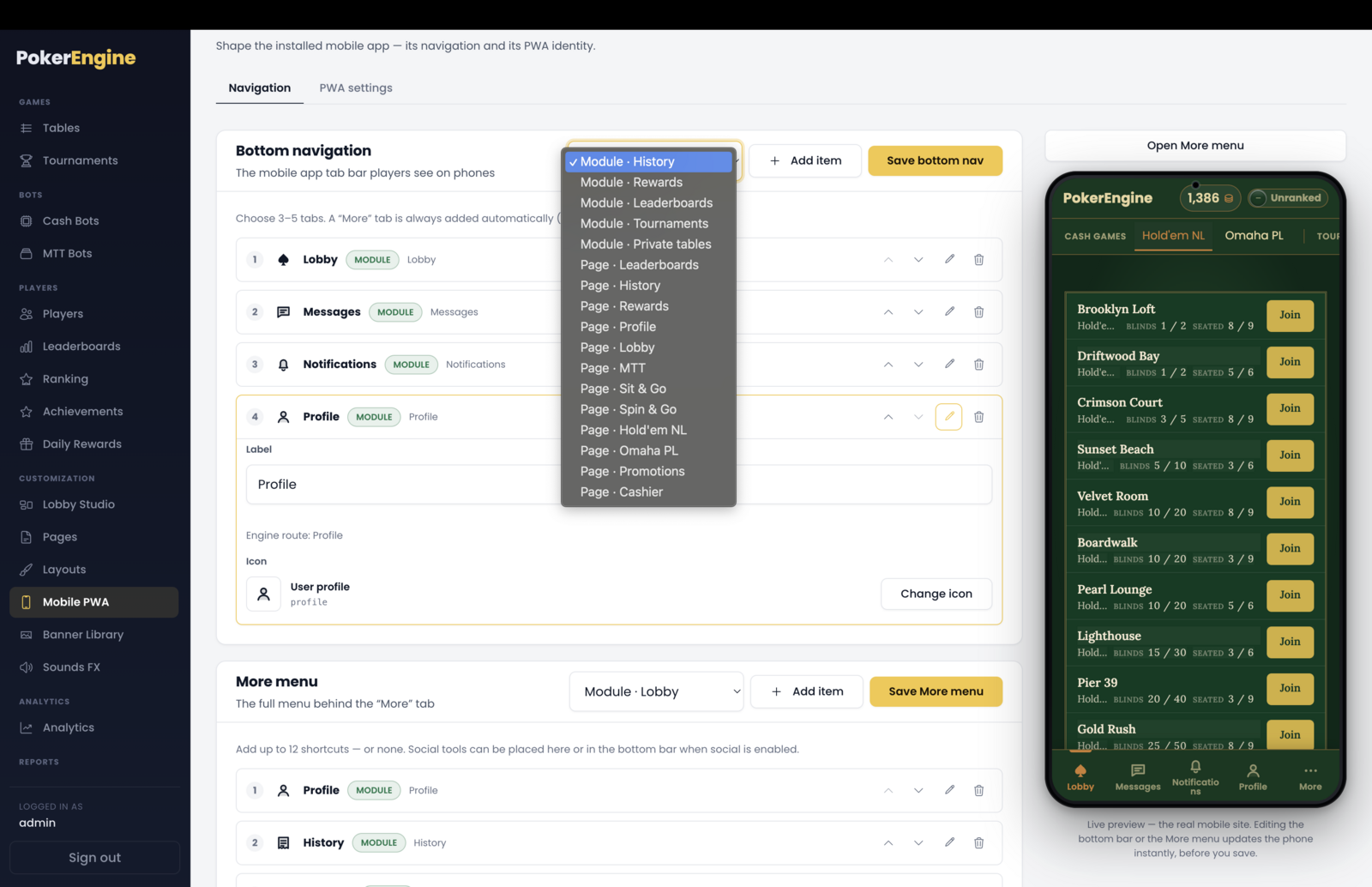 Mobile PWA nav destinations