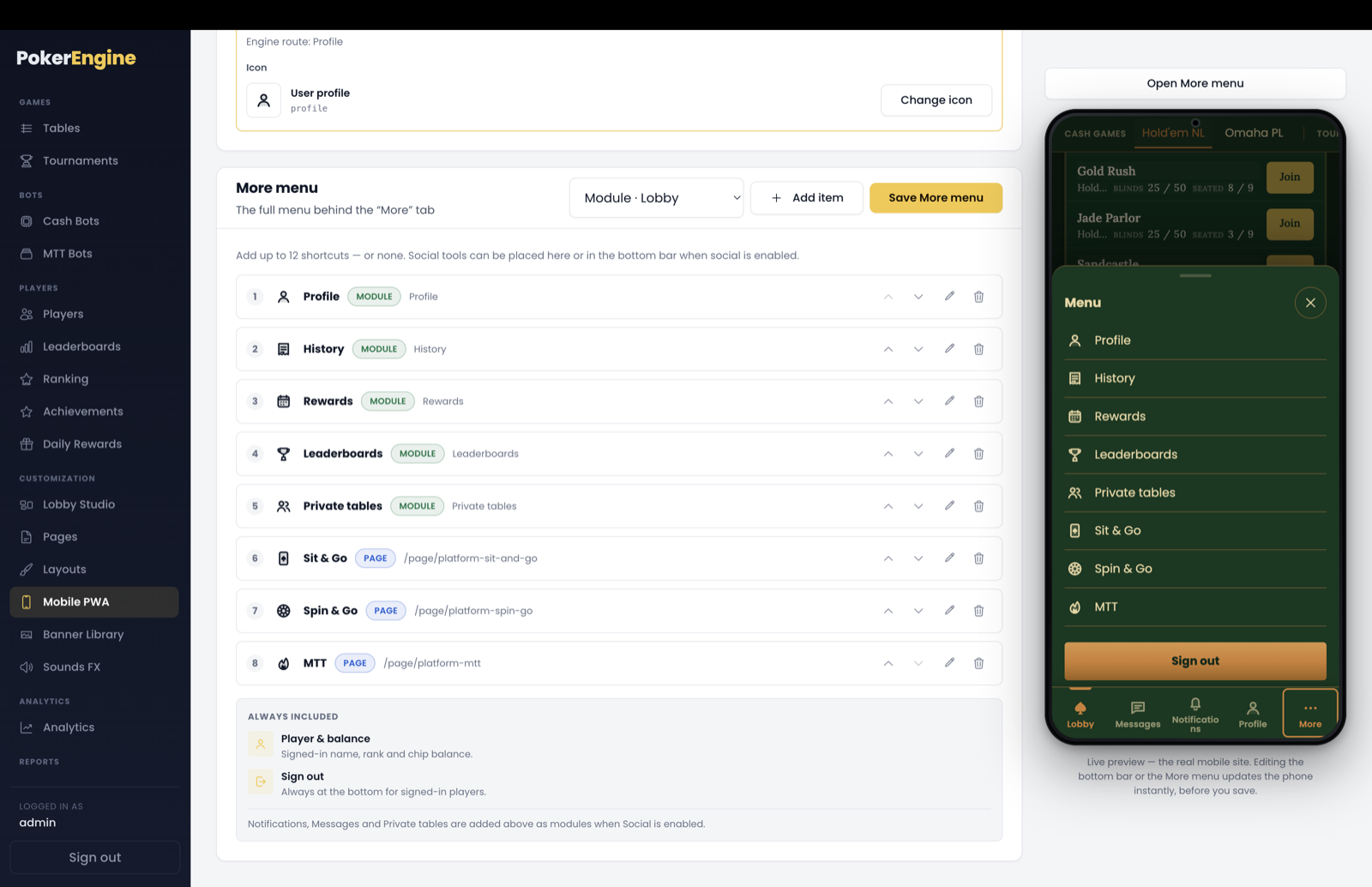 Mobile PWA more menu