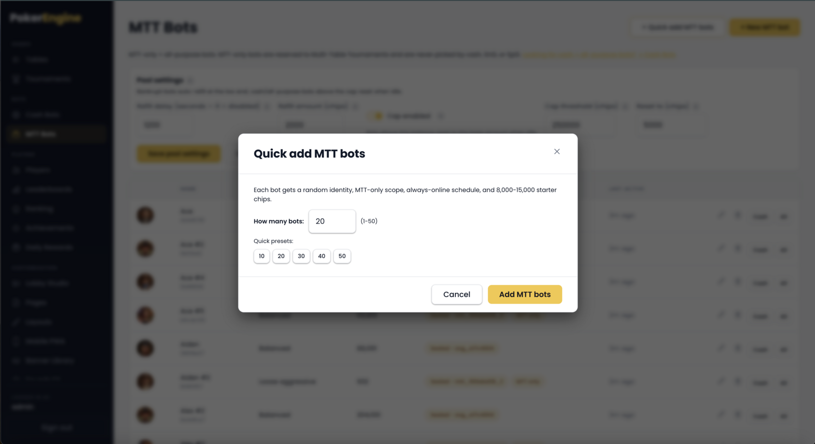 The Quick add MTT bots dialog with a count field, quick preset buttons, and a note describing the MTT-only, always-online defaults