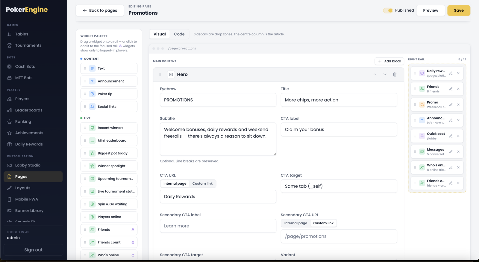 Pages dynamic widgets