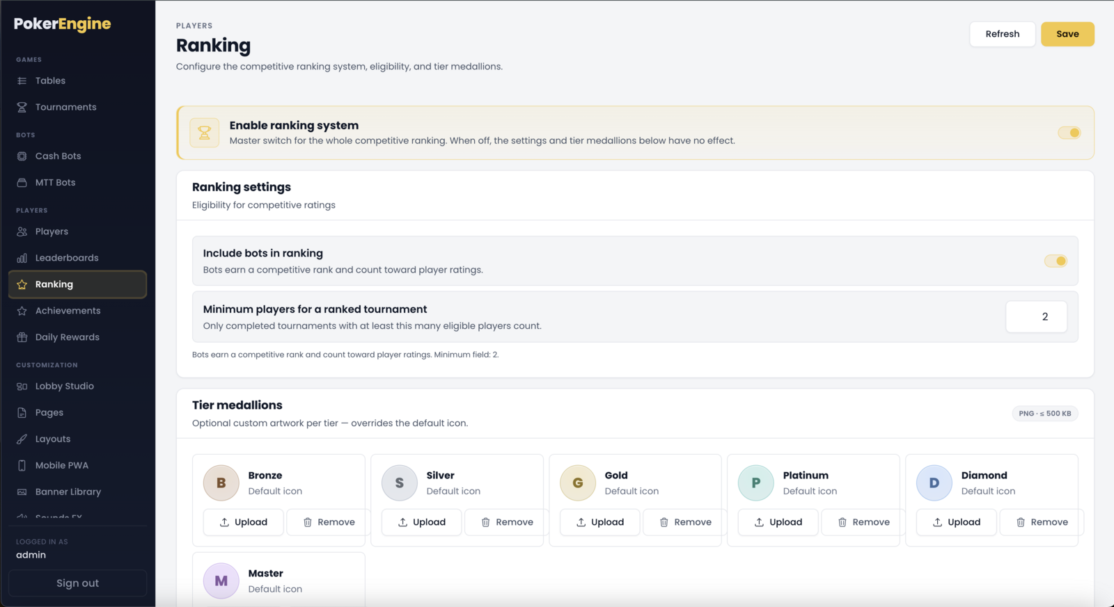 The Ranking section — the Enable ranking master switch, the Include bots and Minimum field settings, and the Tier medallions grid with an Upload and Remove control per tier