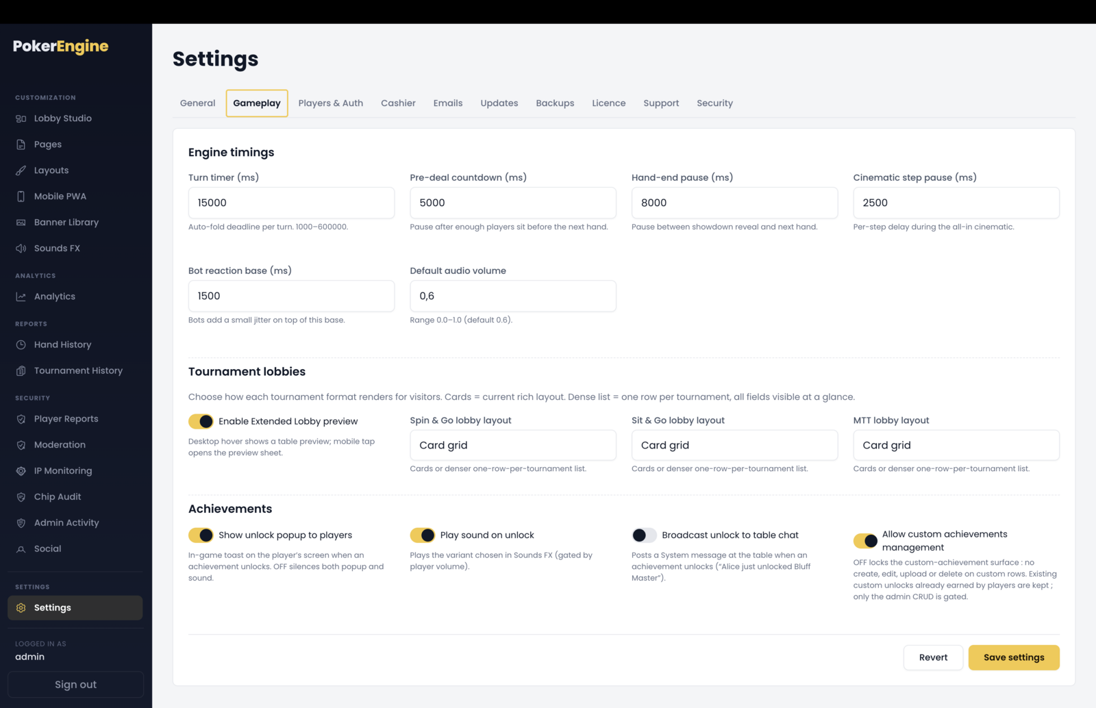 The Settings Gameplay tab — Engine timings fields (Turn timer, Pre-deal countdown, Hand-end pause, All-in animation pause, Bot reaction time, Default audio volume), Tournament lobby layout dropdowns for Spin & Go / Sit & Go / MTT, and the Achievements notification toggles