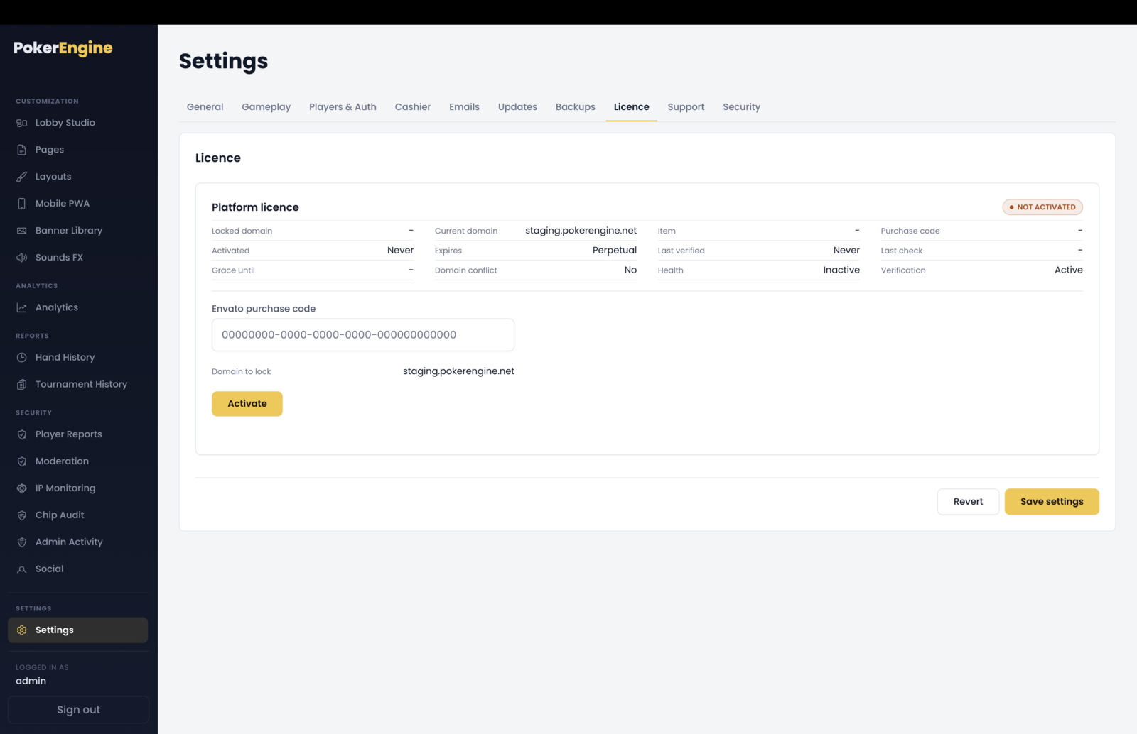 The Settings Licence tab — an Envato purchase code field with the domain to lock, an Activate button, and a status panel showing an Active / Not activated badge, locked vs current domain, activation date, Expires: Perpetual, and a Health indicator