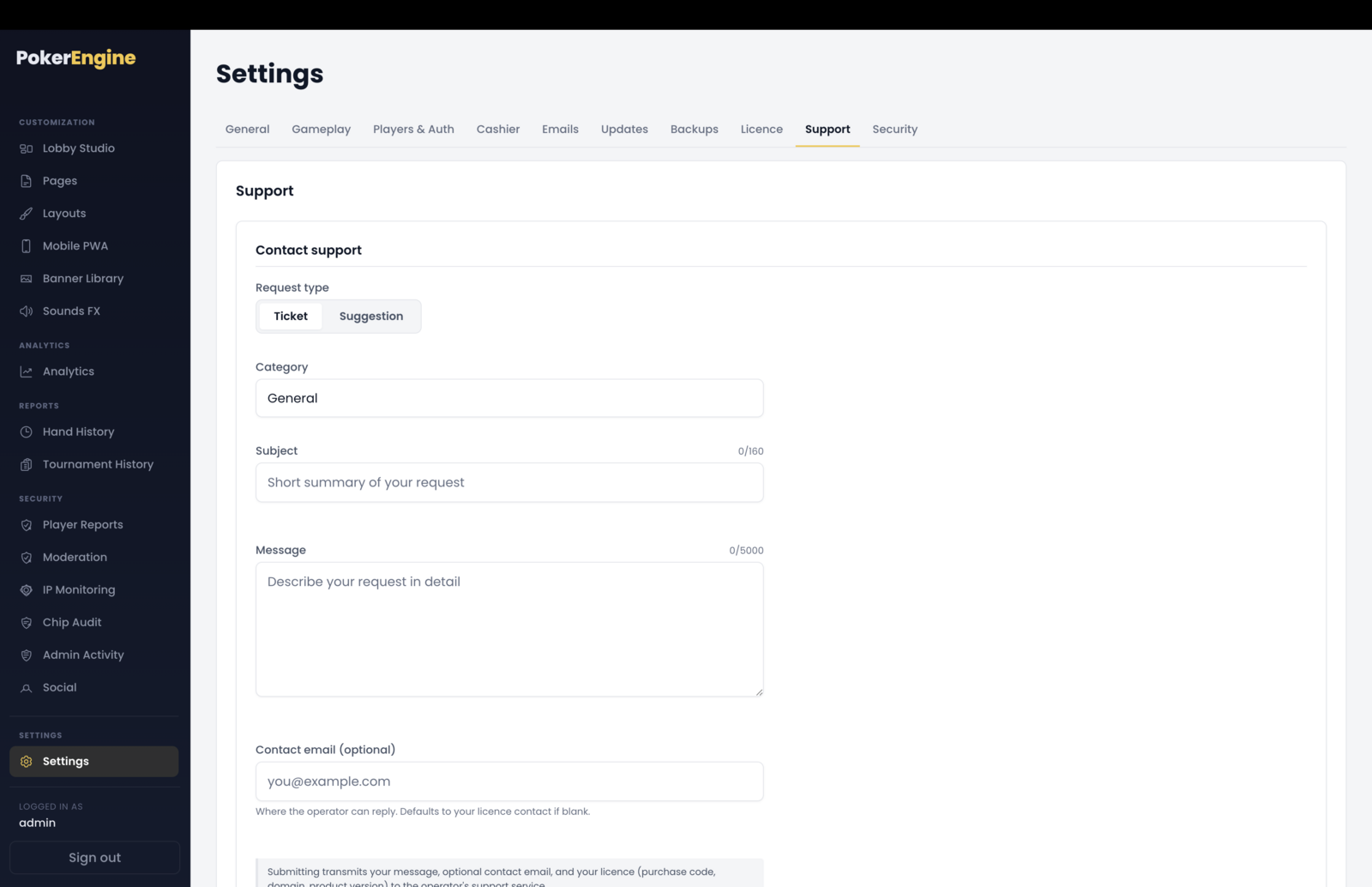 The Settings Support tab — an Open a request form with a Ticket / Suggestion type toggle, category, subject, message and optional contact email fields and a Send request button, beside a My tickets list showing past requests and their status
