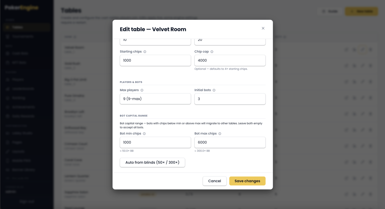 The table form showing Players and bots and the optional Bot capital range with the Auto-from-blinds helper