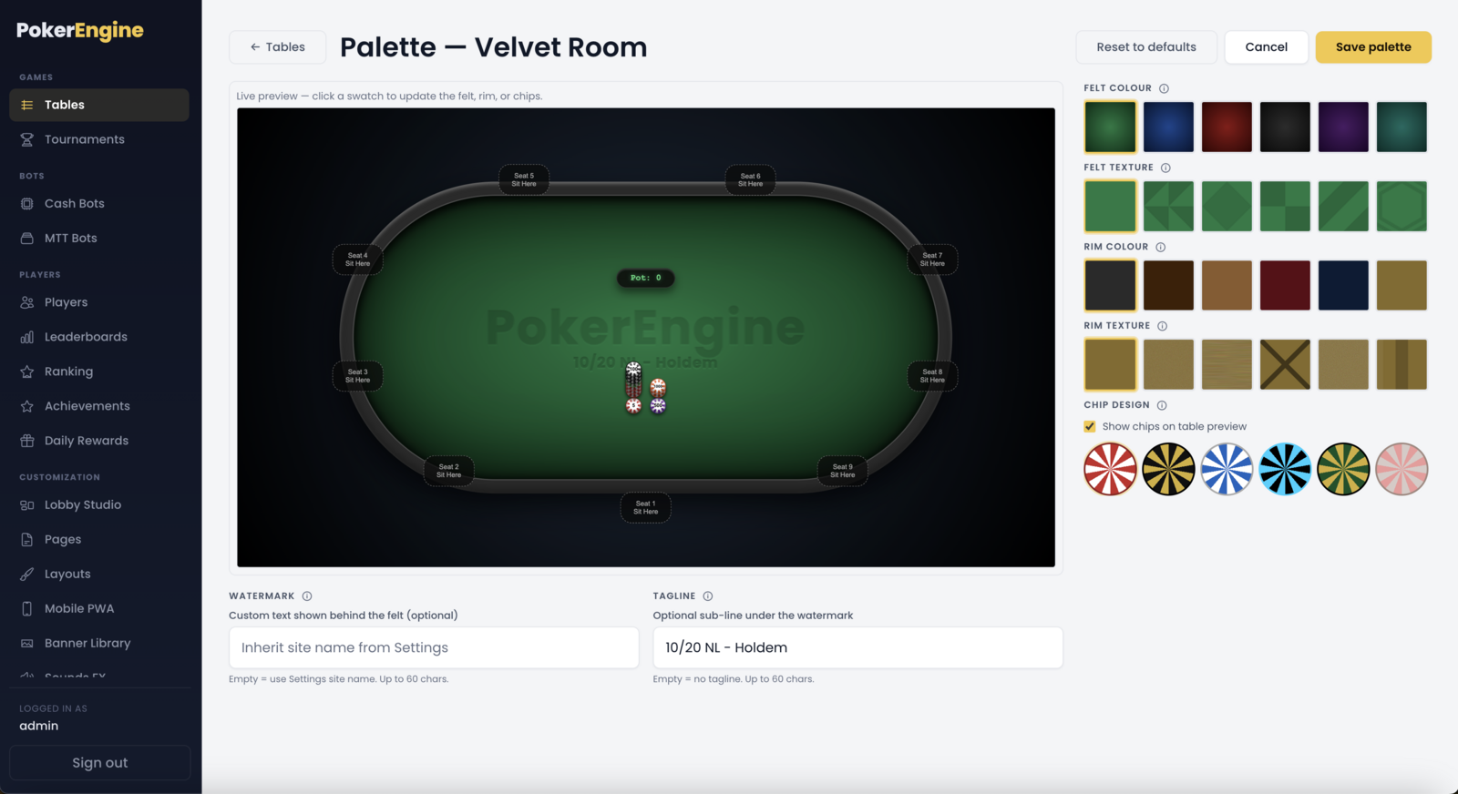 The per-table Palette editor with felt, rim and chip colours, textures, a watermark and a tagline