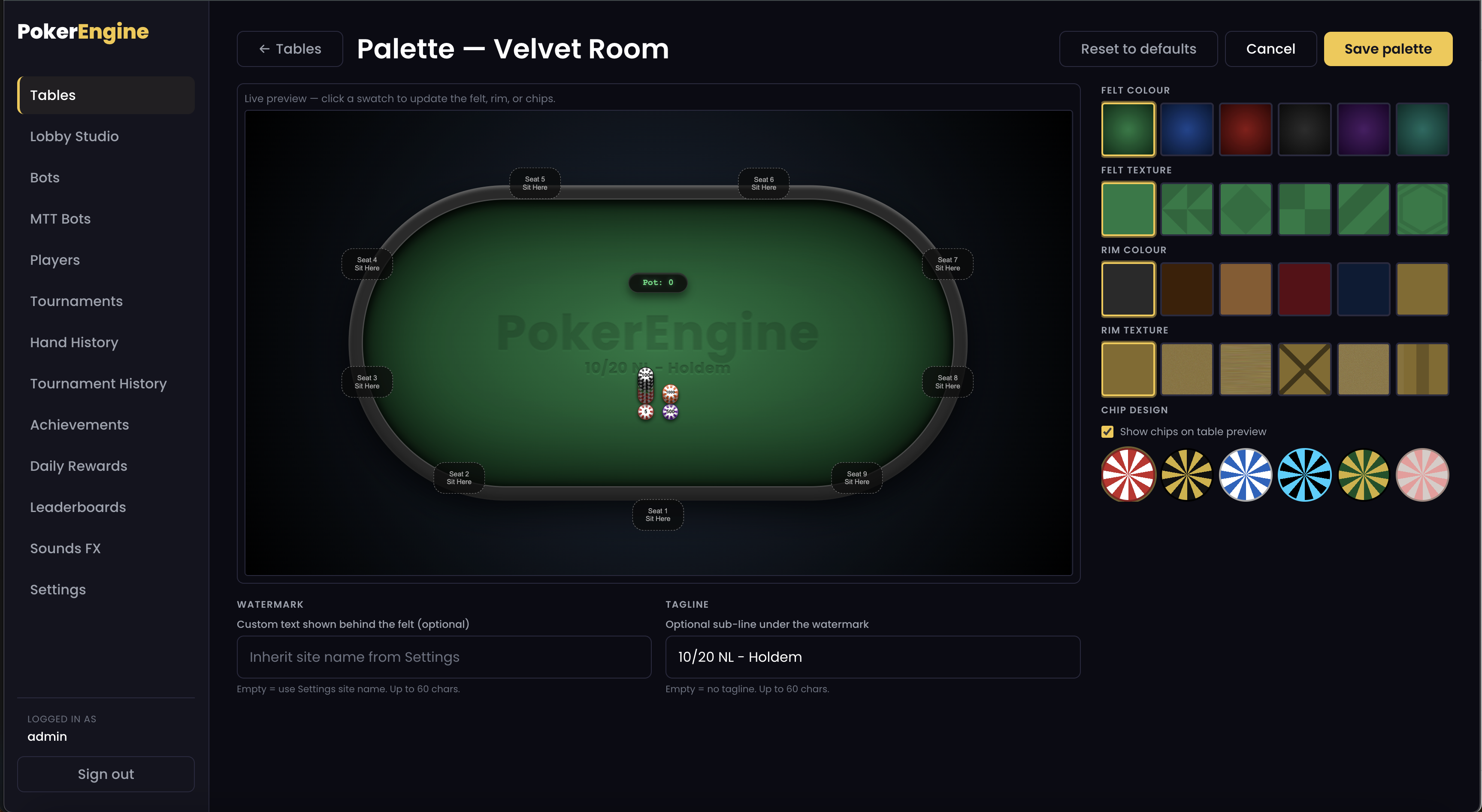 Per-table palette editor