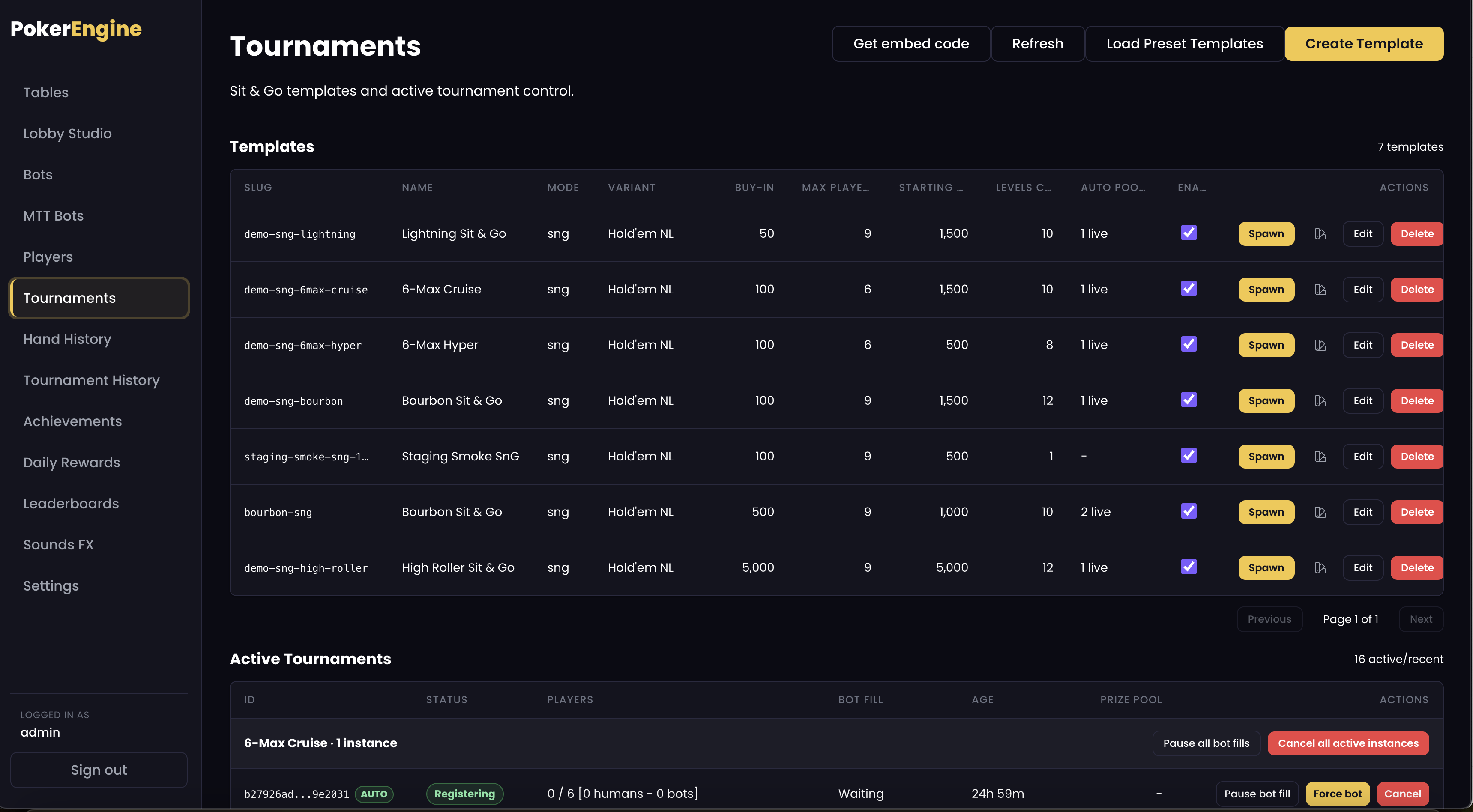 Tournament templates editor