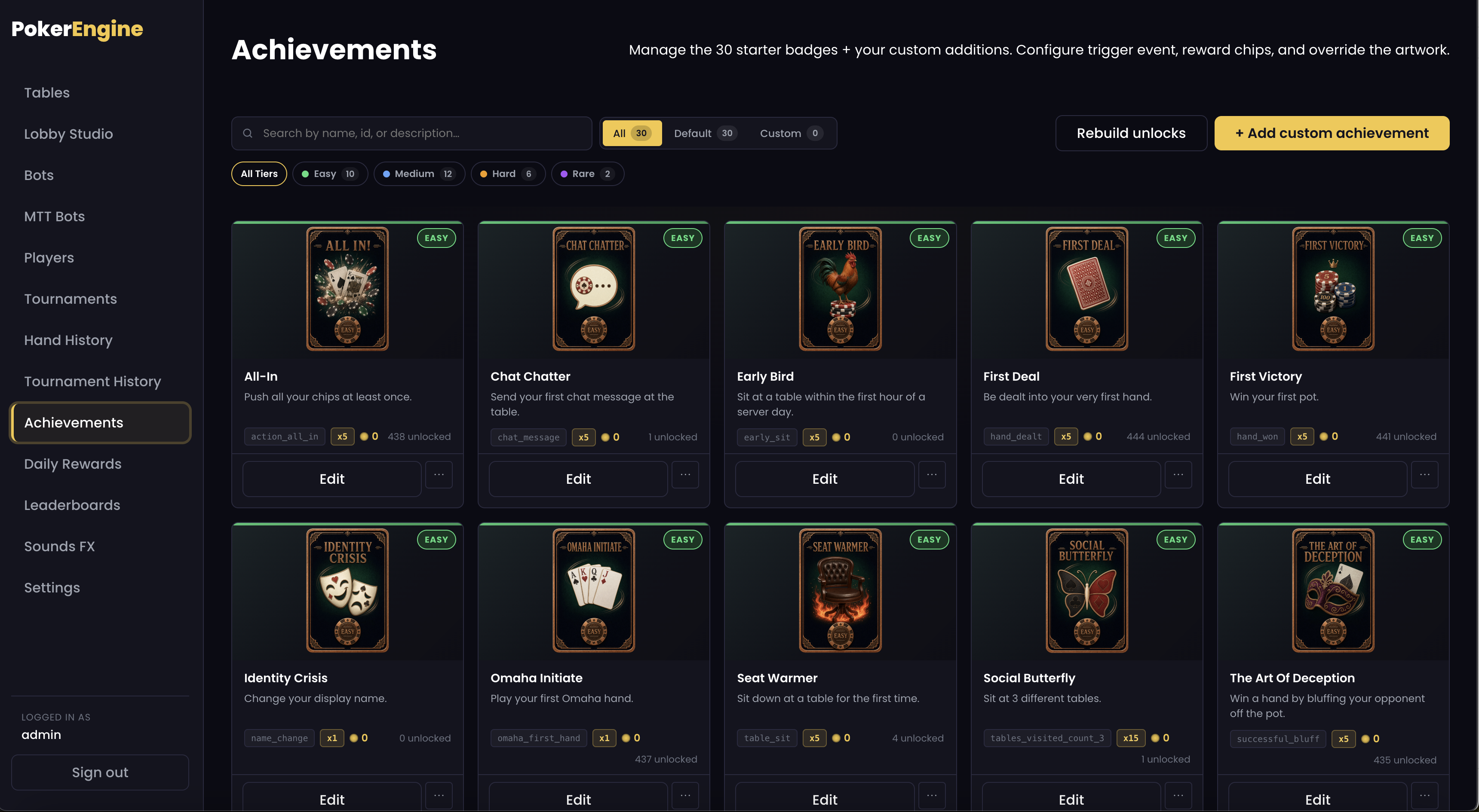Achievements engine admin