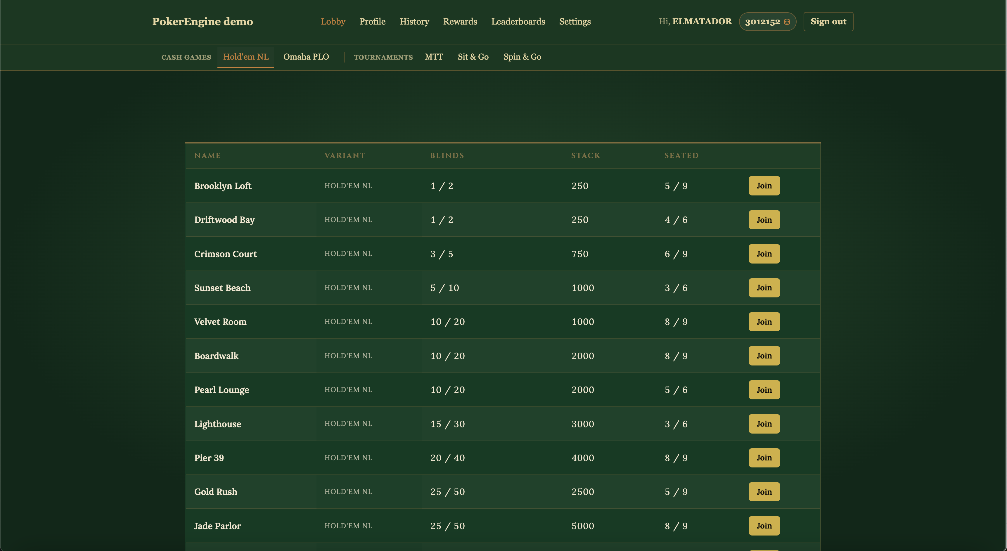 Cash game lobby