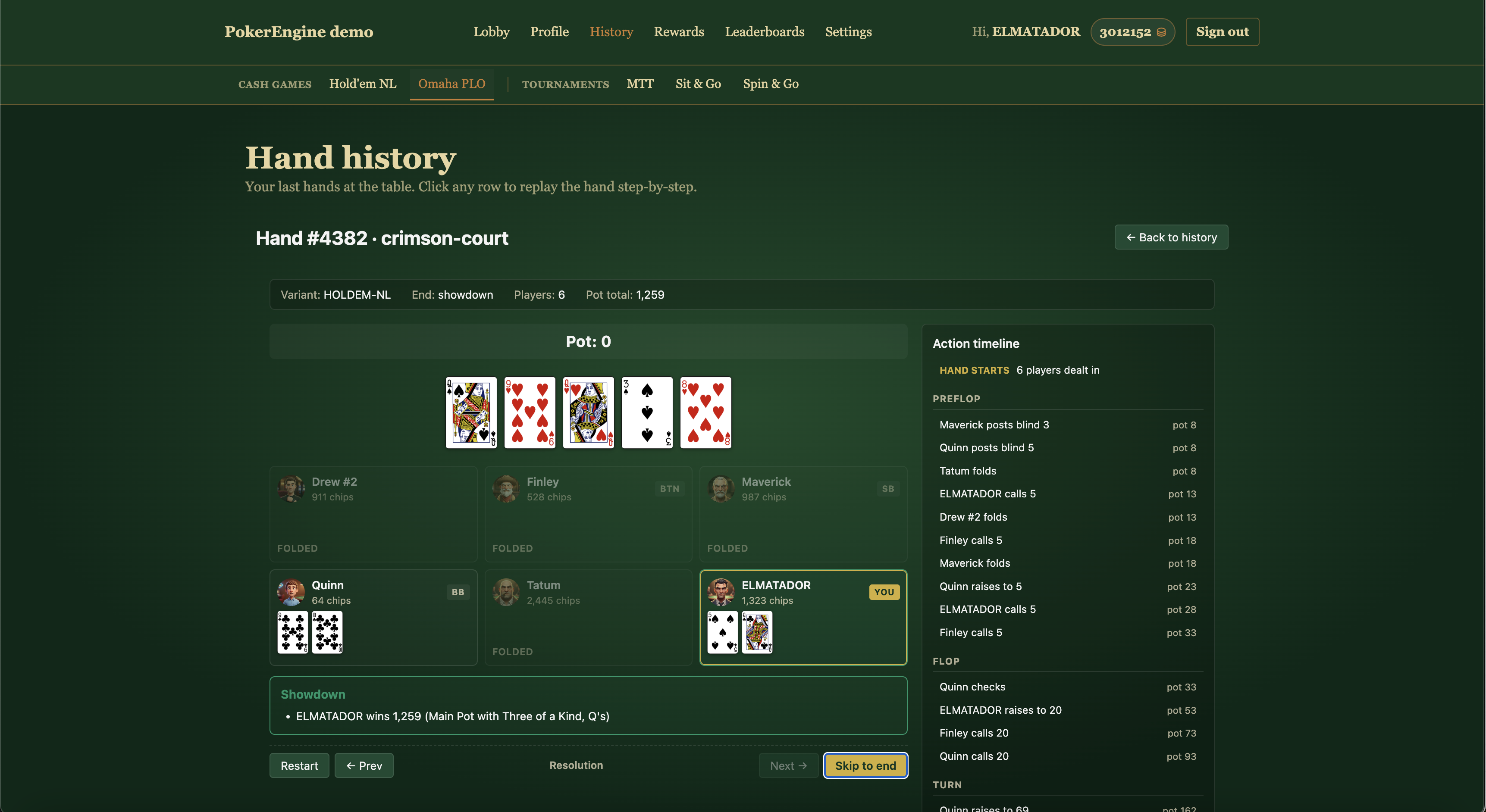 Hand replay timeline