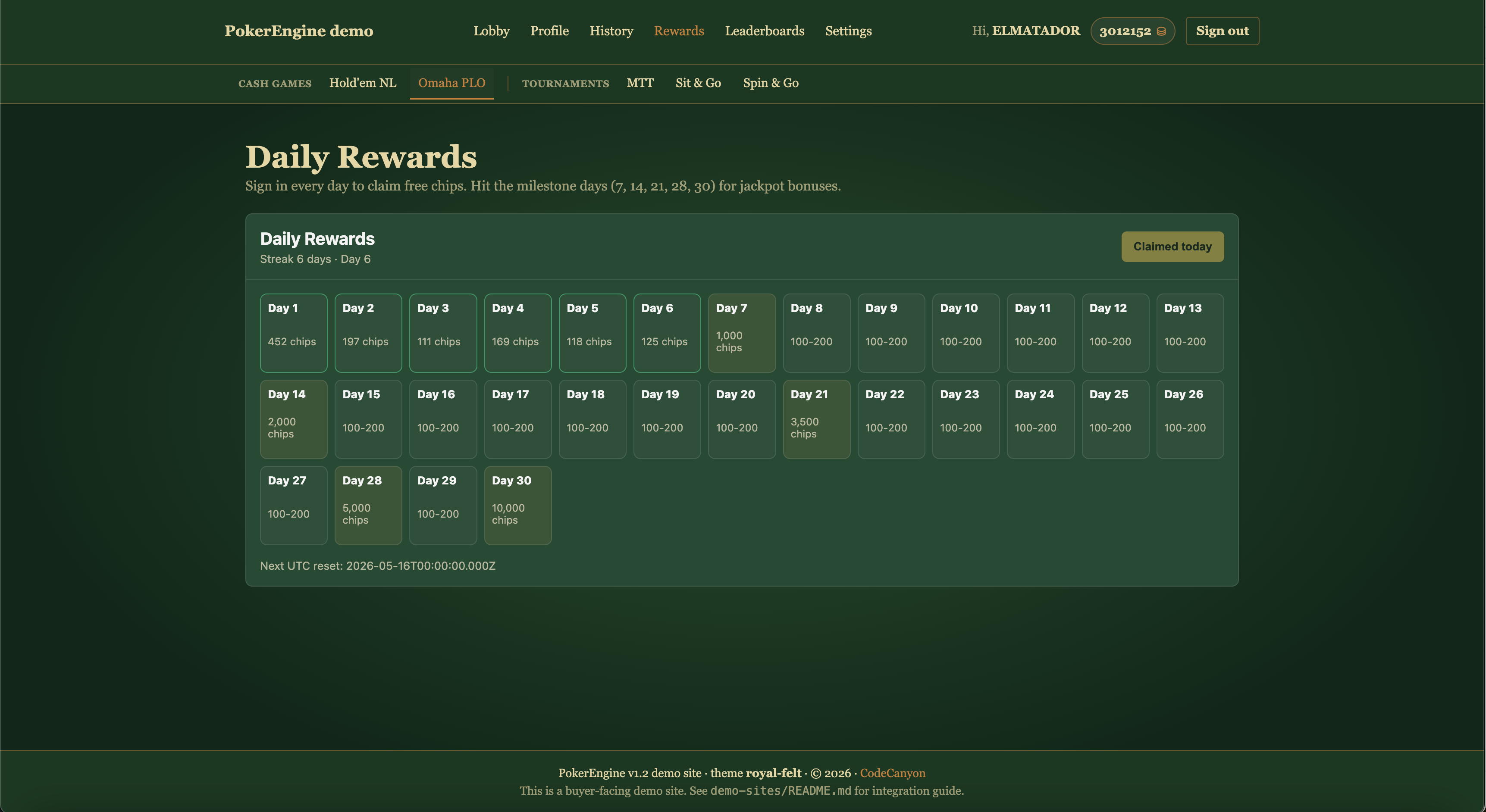 Daily rewards calendar